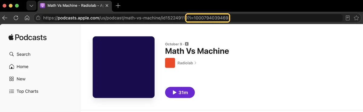 浏览器中 podcasts.apple.com 上的 Math Vs Machine 单集页面，地址里的 ?i=1000794039469 部分已用框线标出。