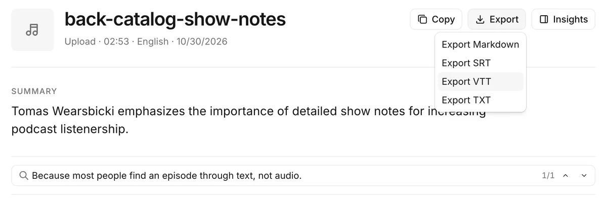 back-catalog-show-notesの文字起こしでExportメニューを開いた画面。Export Markdown、Export SRT、Export VTT、Export TXTが並んでいます。