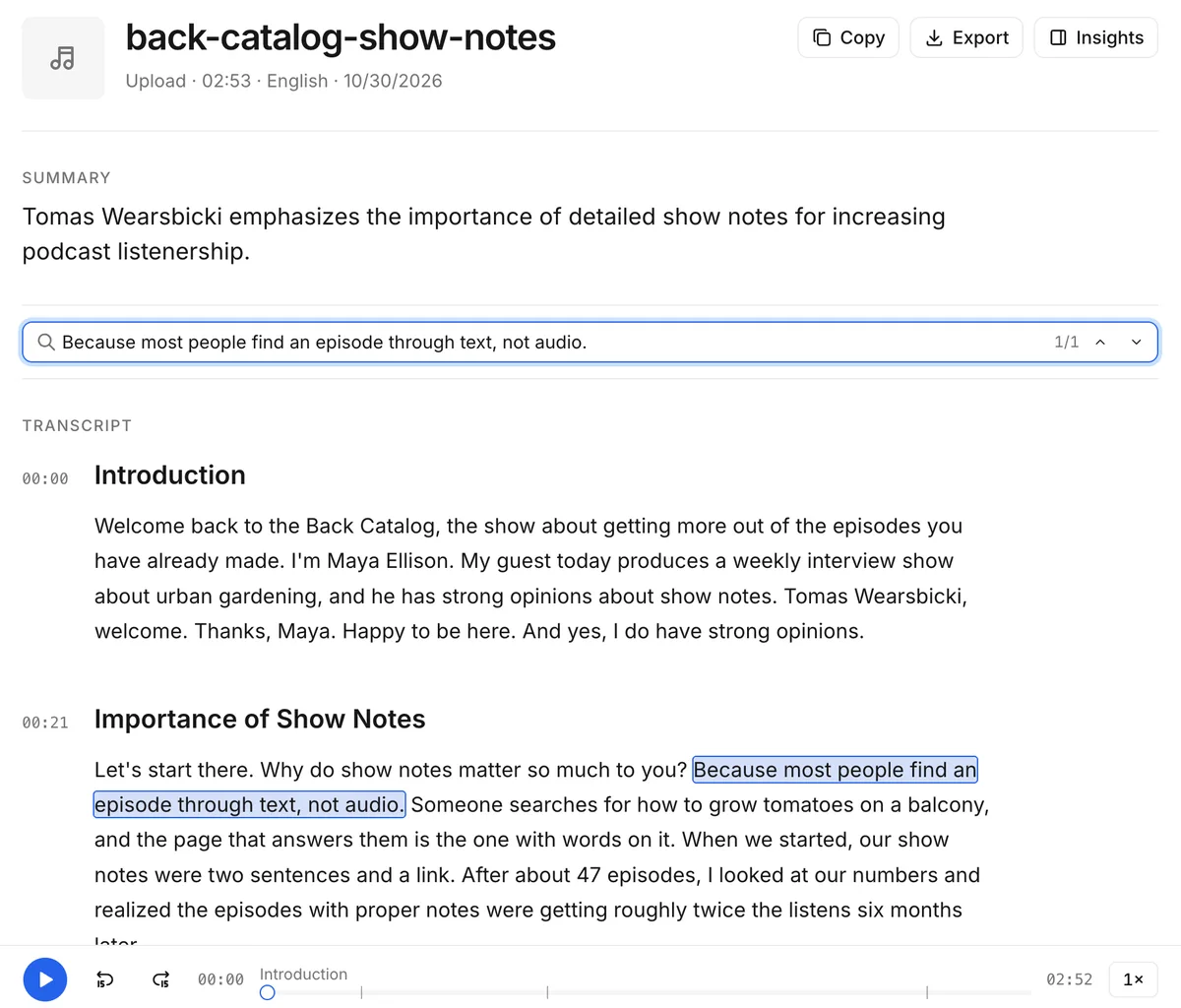 PodTextのback-catalog-show-notesの文字起こし画面。要約にはTomas Wearsbicki emphasizes the importance of detailed show notesとあり、検索欄に入力したエピソード中の文が第2チャプターで1か所強調表示されています。下部には音声プレーヤーがあります。