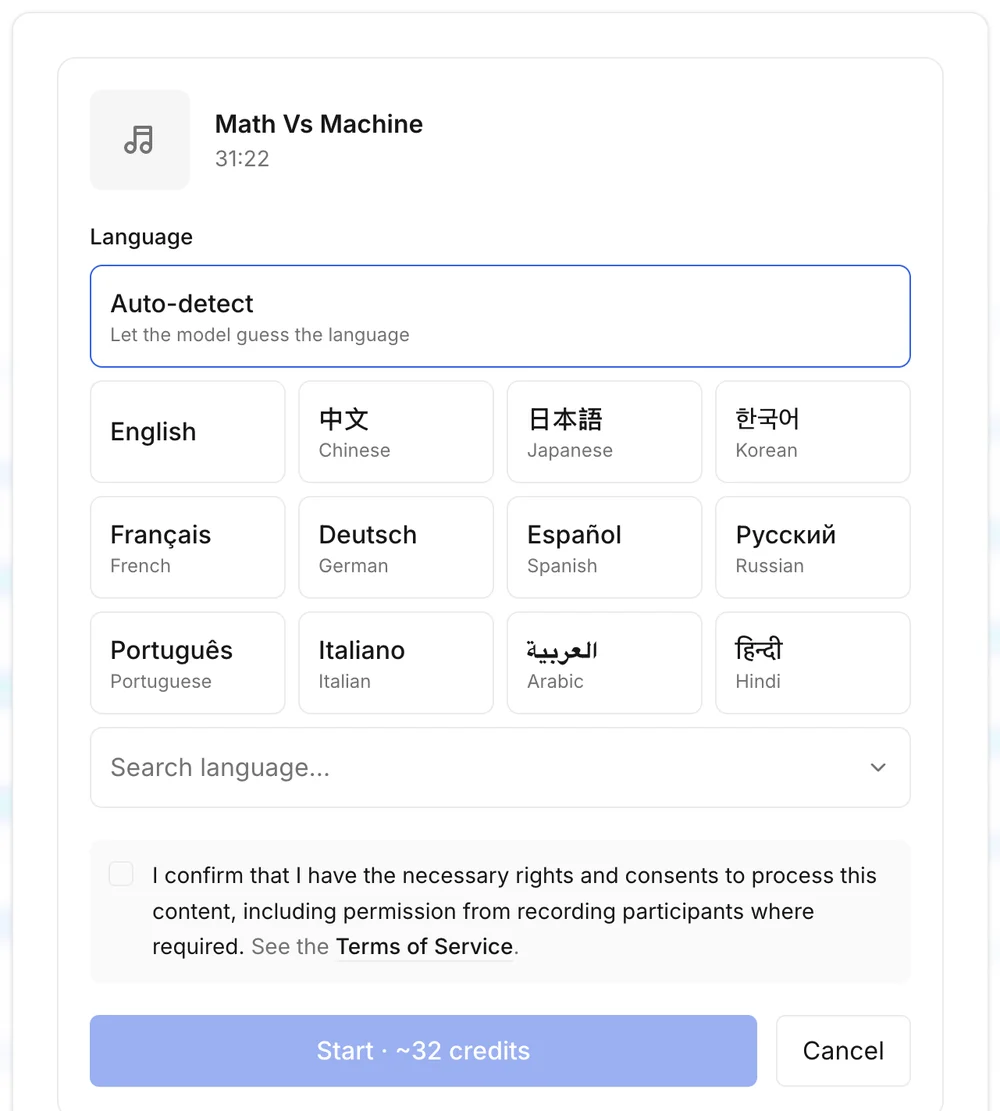 PodText 中 Math Vs Machine 的确认步骤，显示时长 31:22、选中了 Auto-detect 的语言选项、权利确认复选框，以及标注约 32 积分的 Start 按钮。