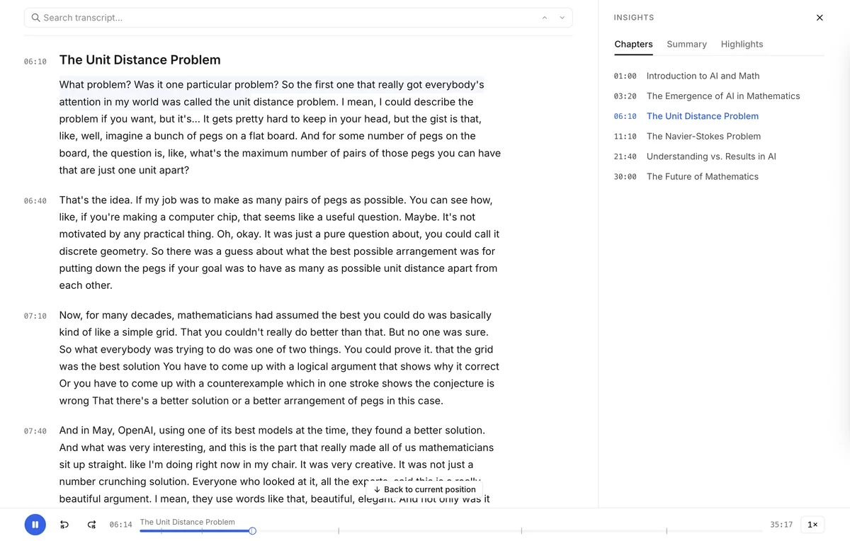 PodText 中 Math Vs Machine 的文字稿页面。带时间戳的段落位于章节标题 The Unit Distance Problem 之下，正在播放的句子高亮显示；上方是搜索框，右侧的 Insights 面板列出六个章节，底部是音频播放器。