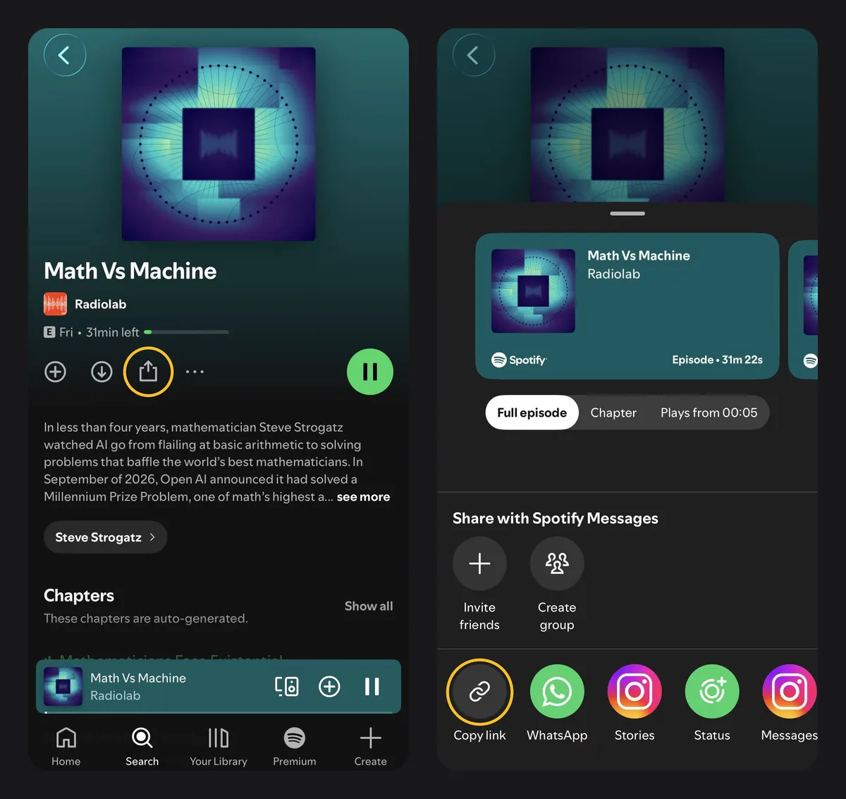 Spotify 移动端 App 的两张截图。第一张是 Radiolab 单集 Math Vs Machine，分享图标已圈出。第二张是分享面板，Copy link 按钮已圈出。